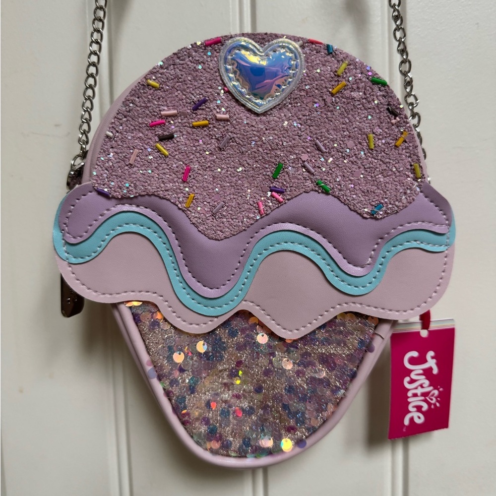 NWT Justice Sequinned Ice Cream Cone Mini Purse. 6” by 7.5” by 1.5”